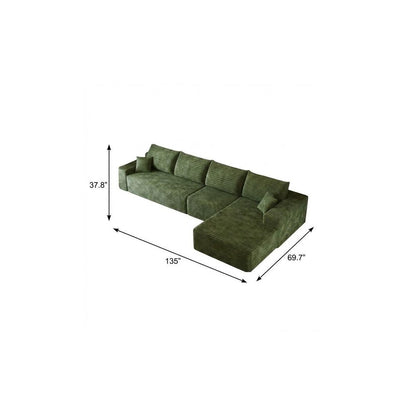 135" Green Corduroy Modular Universal Sofa With Toss Pillows