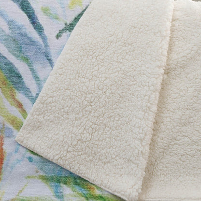 50" X 70" Ivory Blue And Green Leaves Microfiber Plush Throw Blanket