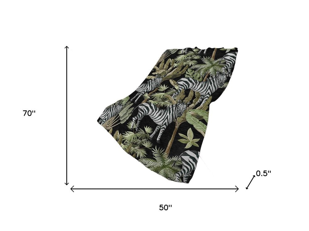 50" X 70" Midnight Ivory And Olive Green Animal Print Polyester Woven Plush Throw Blanket