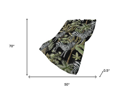 50" X 70" Midnight Ivory And Olive Green Animal Print Polyester Woven Plush Throw Blanket