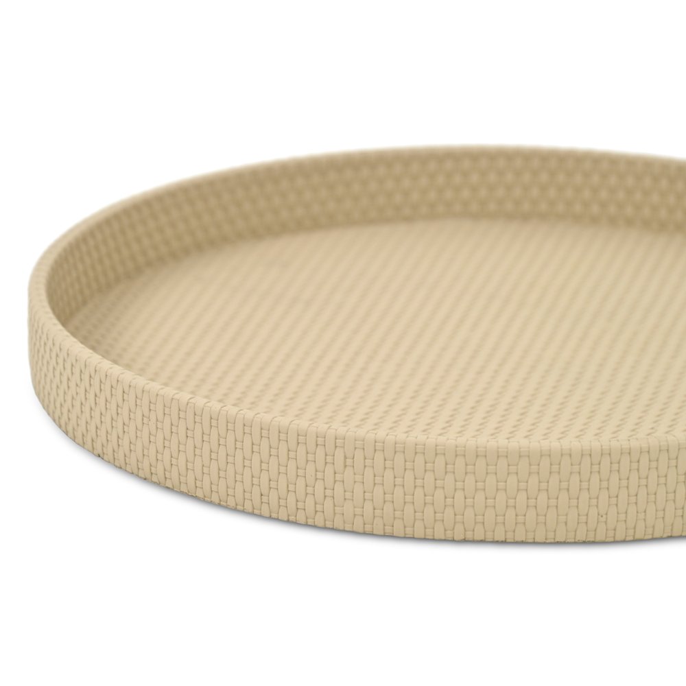 15" Taupe Faux Wicker Round Serving Tray