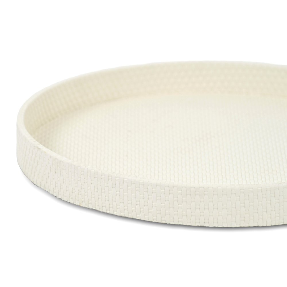 15" White Faux Wicker Round Serving Tray