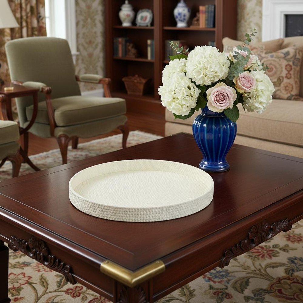 15" White Faux Wicker Round Serving Tray