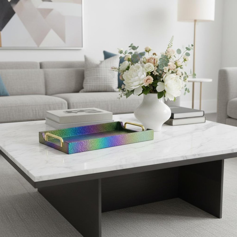 16" Rainbow Faux Shagreen Serving Tray With Handles