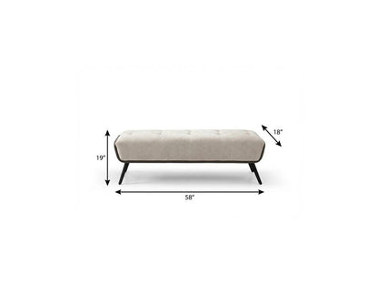 58" Beige Dark Gray and Black Tufted Faux Leather Fabric and Steel Upholstered Bench