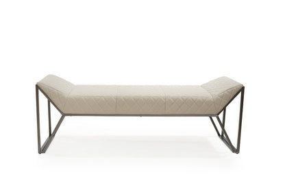 63" Cream and Gray Quilted Faux Leather and Steel Upholstered Bench