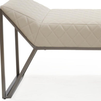 63" Cream and Gray Quilted Faux Leather and Steel Upholstered Bench