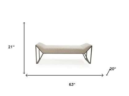 63" Cream and Gray Quilted Faux Leather and Steel Upholstered Bench