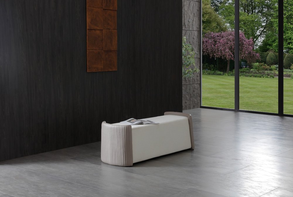 58" Taupe and Light Gray Boucle And Faux Leather Upholstered Bench