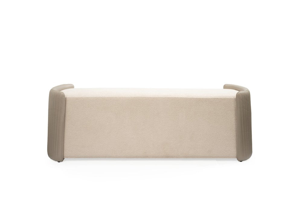 58" Taupe and Light Gray Boucle And Faux Leather Upholstered Bench