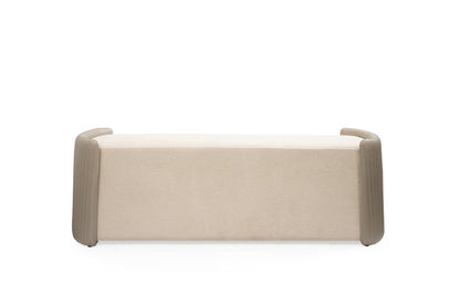 58" Taupe and Light Gray Boucle And Faux Leather Upholstered Bench