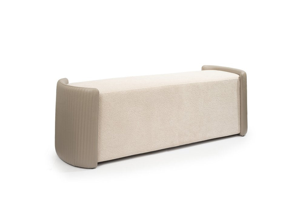 58" Taupe and Light Gray Boucle And Faux Leather Upholstered Bench