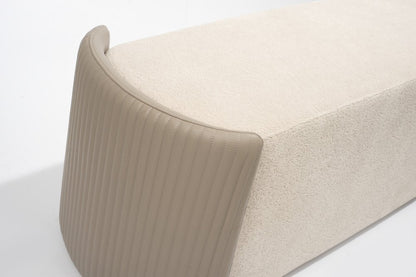 58" Taupe and Light Gray Boucle And Faux Leather Upholstered Bench