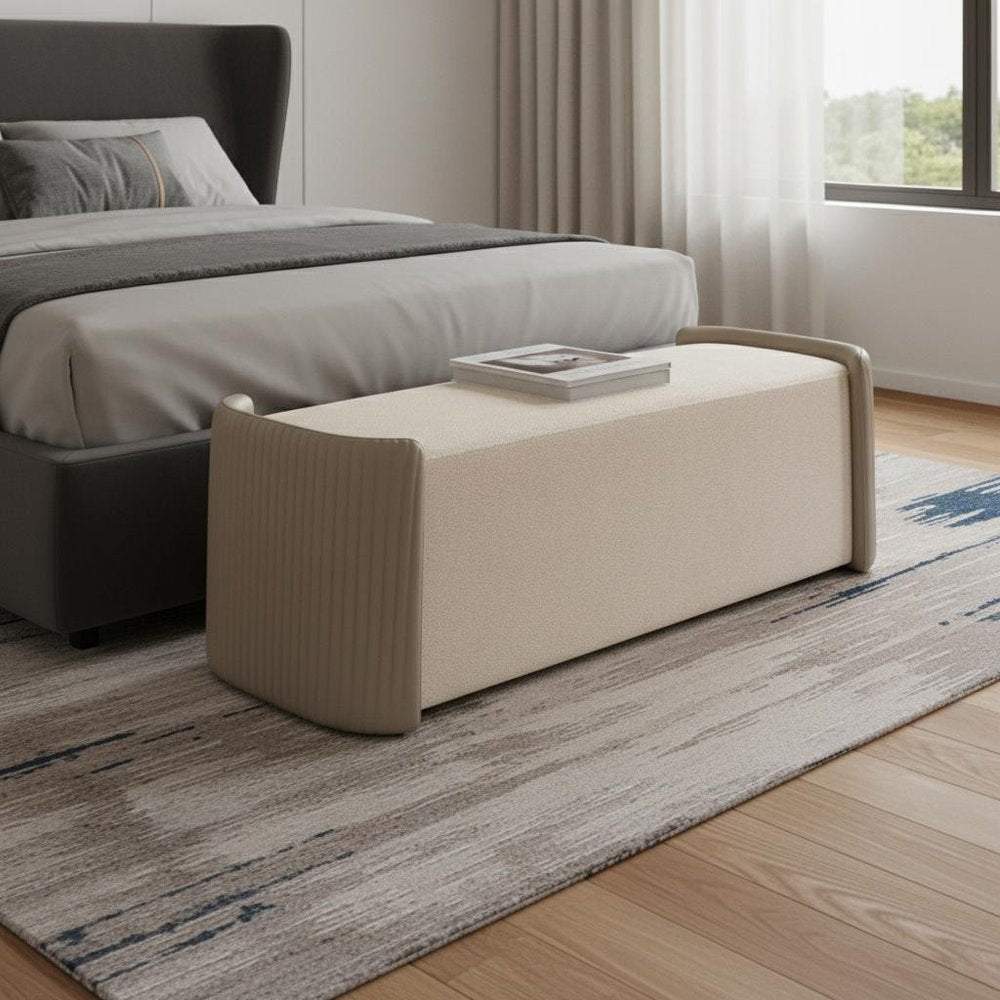 58" Taupe and Light Gray Boucle And Faux Leather Upholstered Bench