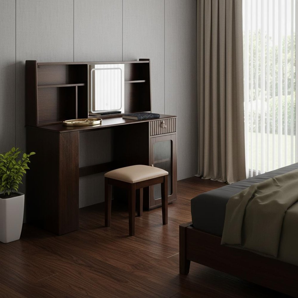 47" Brown Wood Mirrored Vanity Table