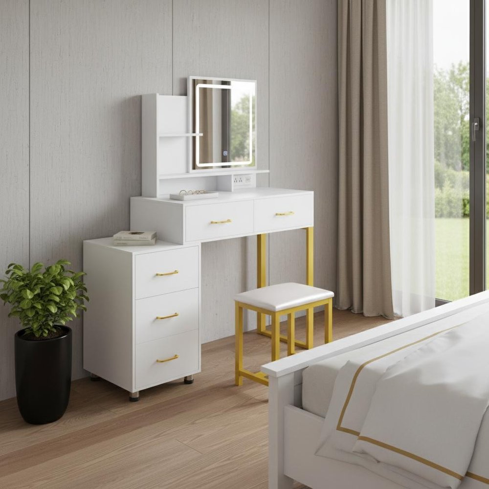 32" White Wood Mirrored Five Drawer Vanity Table