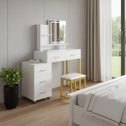 32" White Wood Mirrored Five Drawer Vanity Table