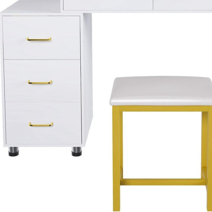 32" White Wood Mirrored Five Drawer Vanity Table