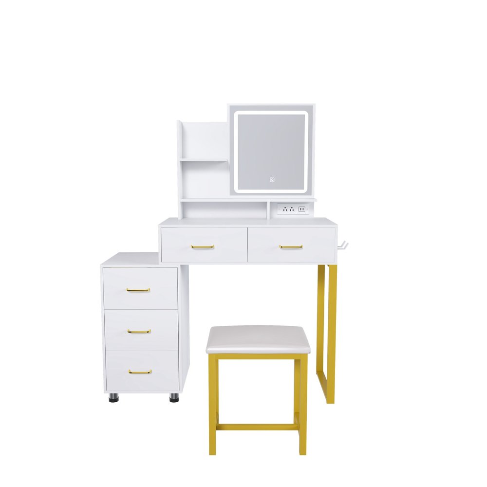 32" White Wood Mirrored Five Drawer Vanity Table