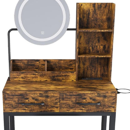 31" Brown Wood Mirrored Two Drawer Vanity Table