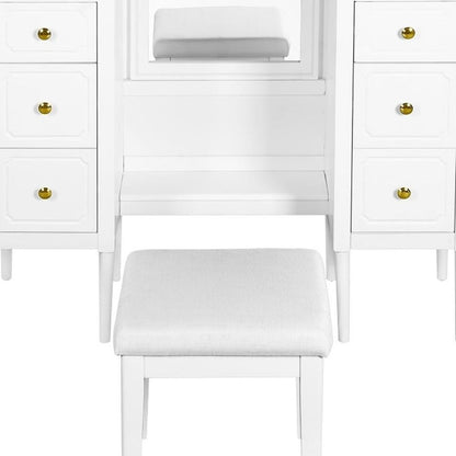 47" White Wood Mirrored Six Drawer Vanity Table