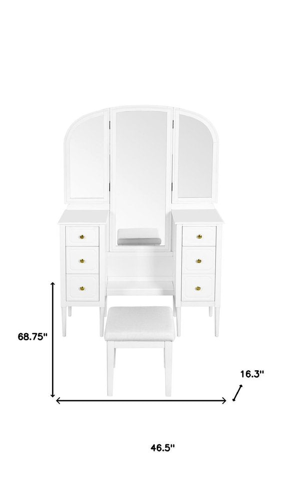 47" White Wood Mirrored Six Drawer Vanity Table