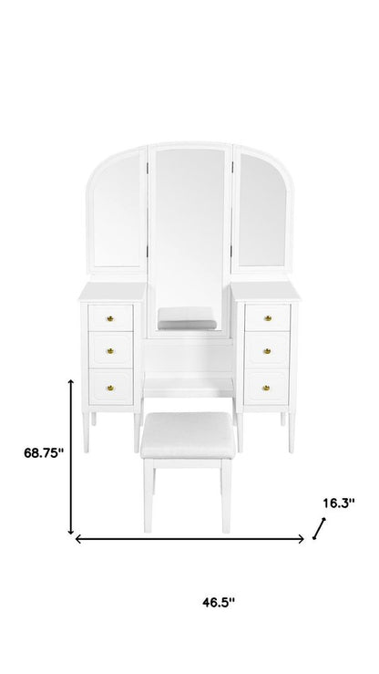 47" White Wood Mirrored Six Drawer Vanity Table
