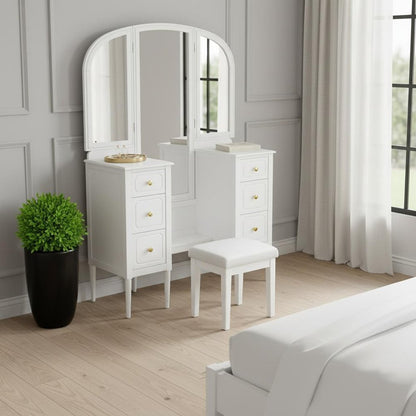 47" White Wood Mirrored Six Drawer Vanity Table