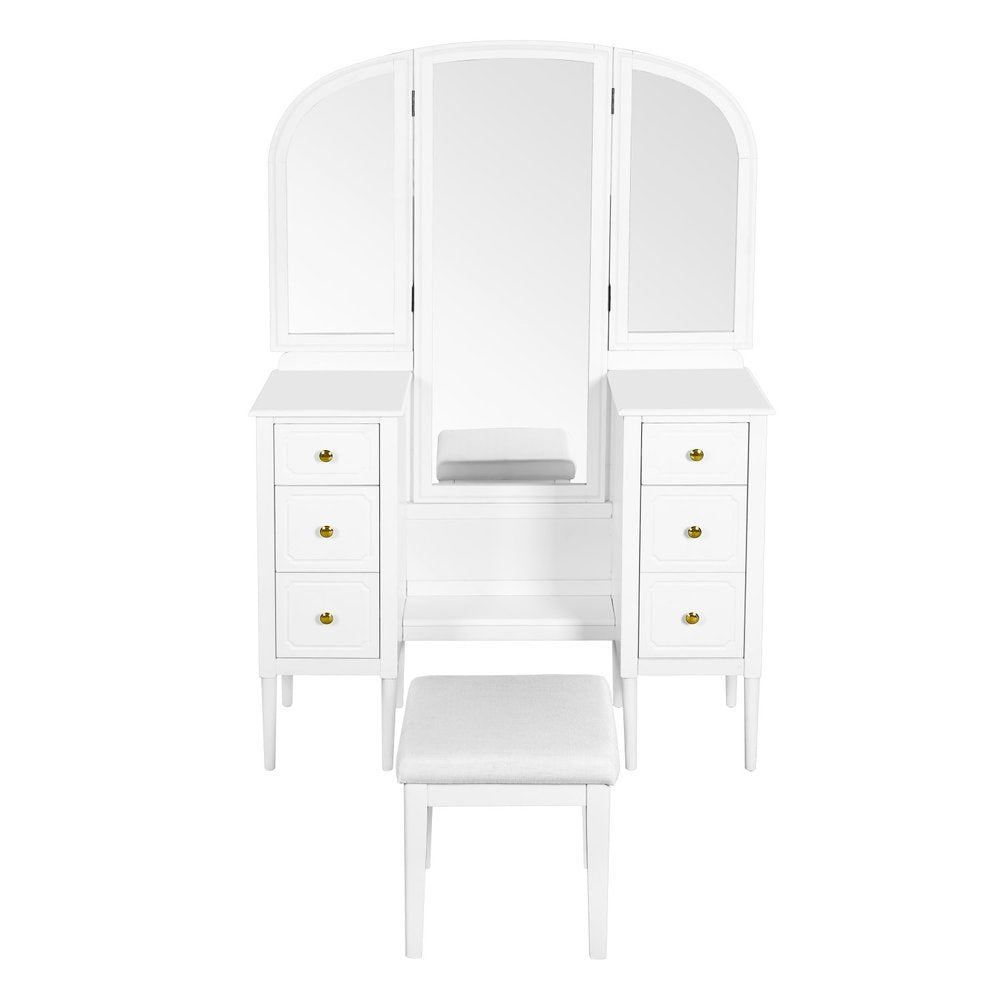 47" White Wood Mirrored Six Drawer Vanity Table
