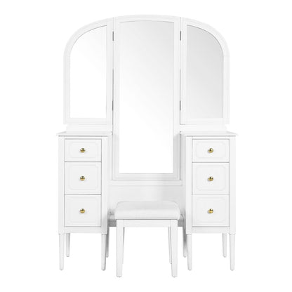 47" White Wood Mirrored Six Drawer Vanity Table