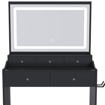 30" Black Wood Mirrored Five Drawer Vanity Table