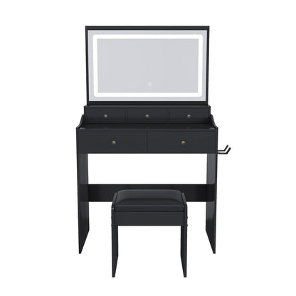 30" Black Wood Mirrored Five Drawer Vanity Table
