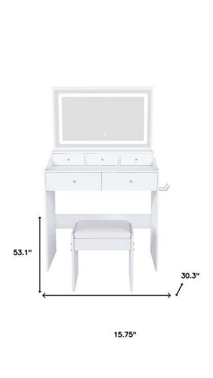 30" White Wood Mirrored Five Drawer Vanity Table