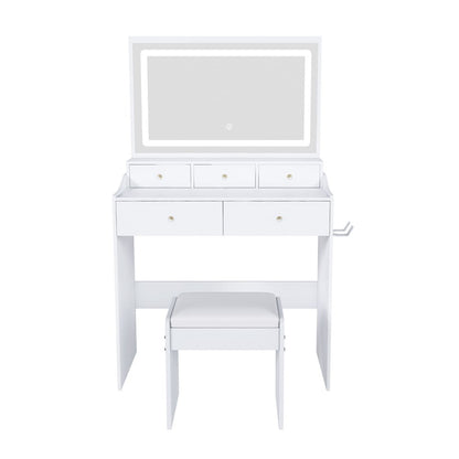 30" White Wood Mirrored Five Drawer Vanity Table