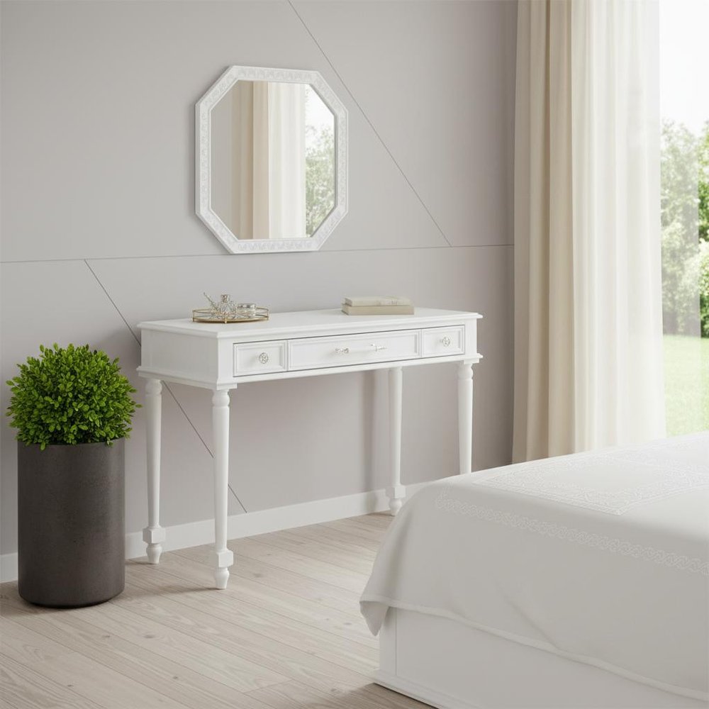 39" White Wood Mirrored Three Drawer Vanity Table