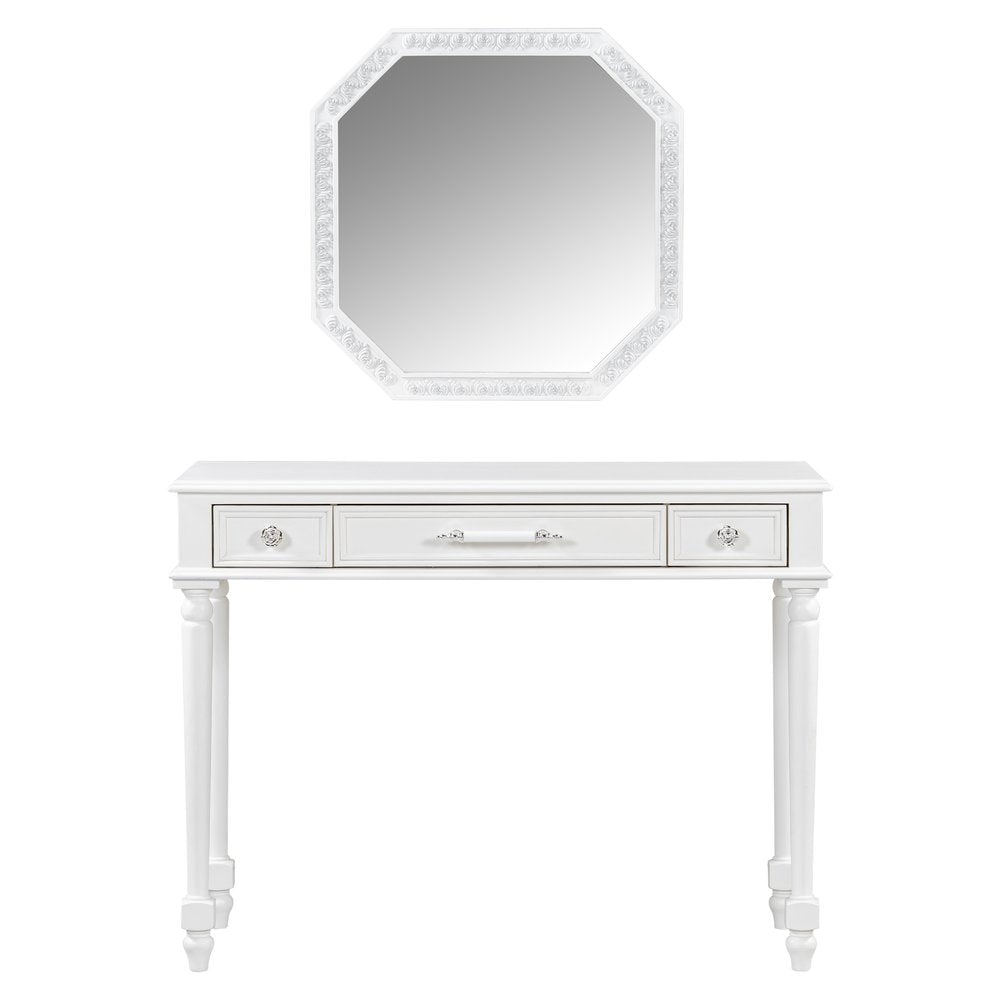39" White Wood Mirrored Three Drawer Vanity Table