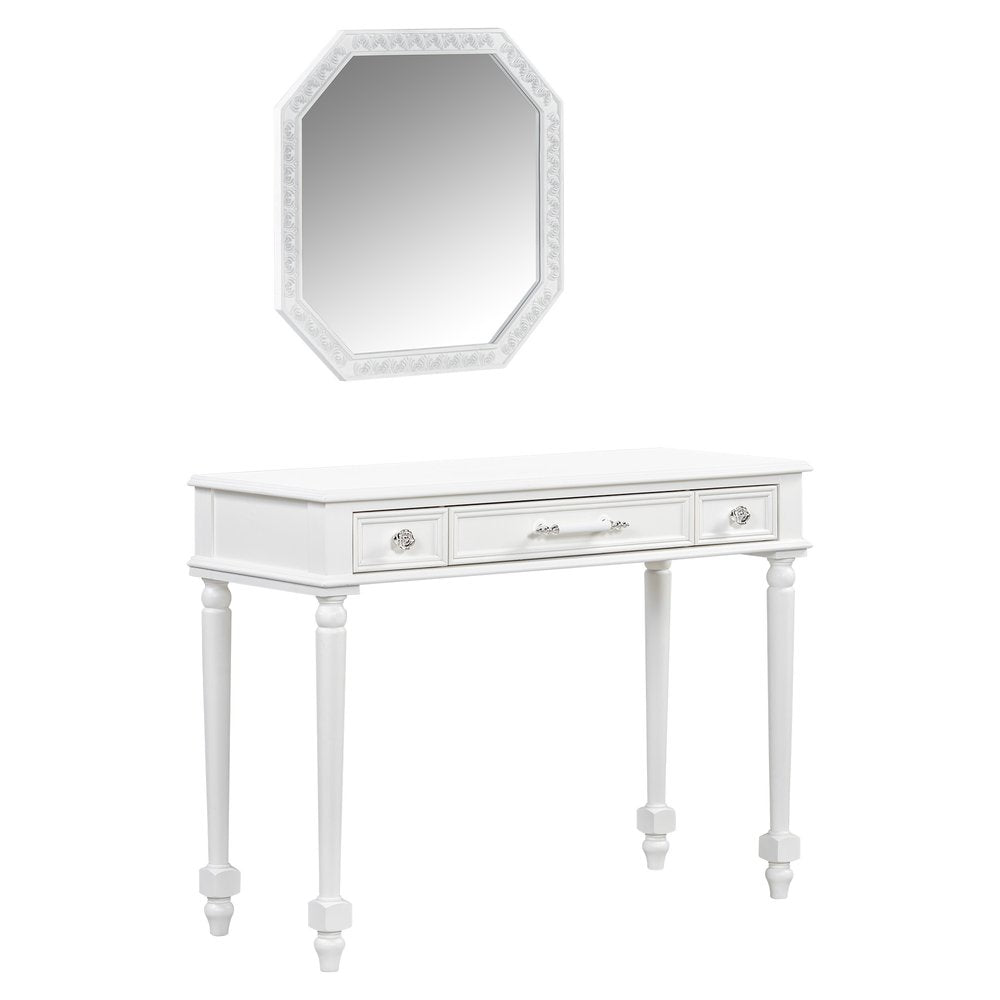 39" White Wood Mirrored Three Drawer Vanity Table