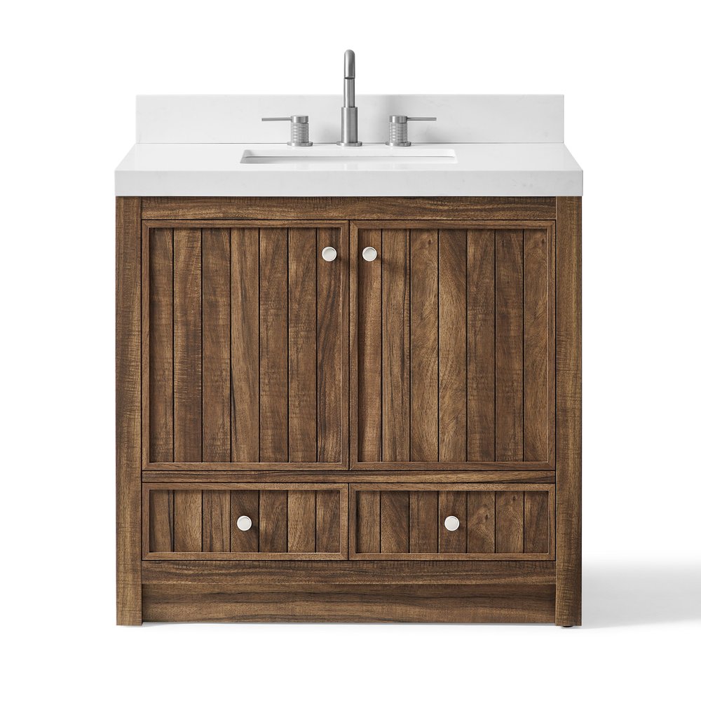 36" Brown Wood Freestanding Bathroom Vanity With White Quartz Countertop