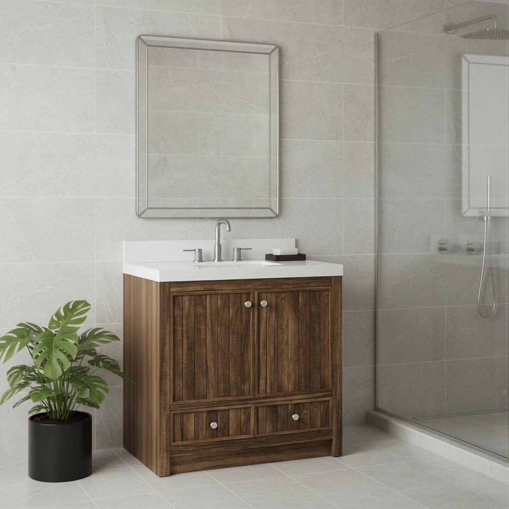 36" Brown Wood Freestanding Bathroom Vanity With White Quartz Countertop