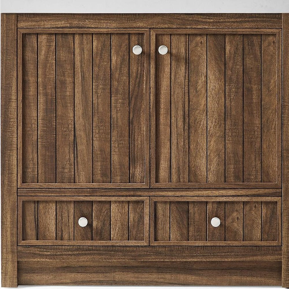 36" Brown Wood Freestanding Bathroom Vanity With White Quartz Countertop