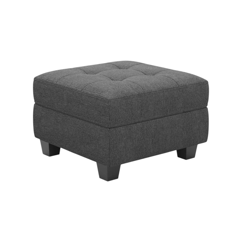 26" Gray and Black Solid Wood and Linen Tufted Storage Ottoman