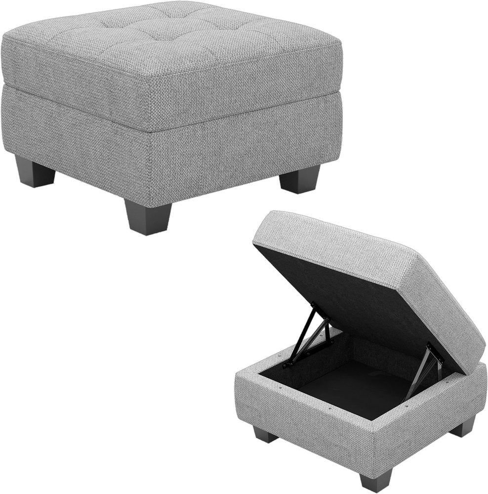 26" Gray and Black Solid Wood and Linen Tufted Storage Ottoman