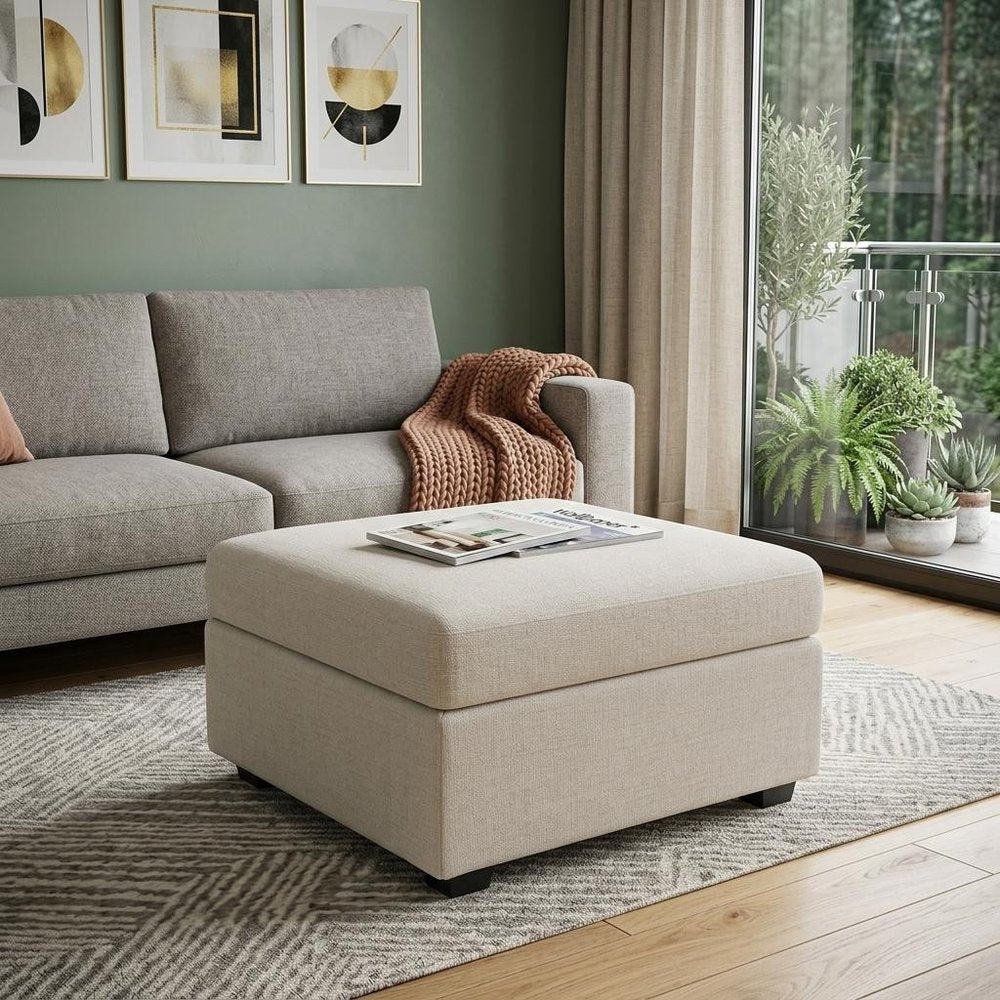 30" Beige and Black Chenille Storage Ottoman