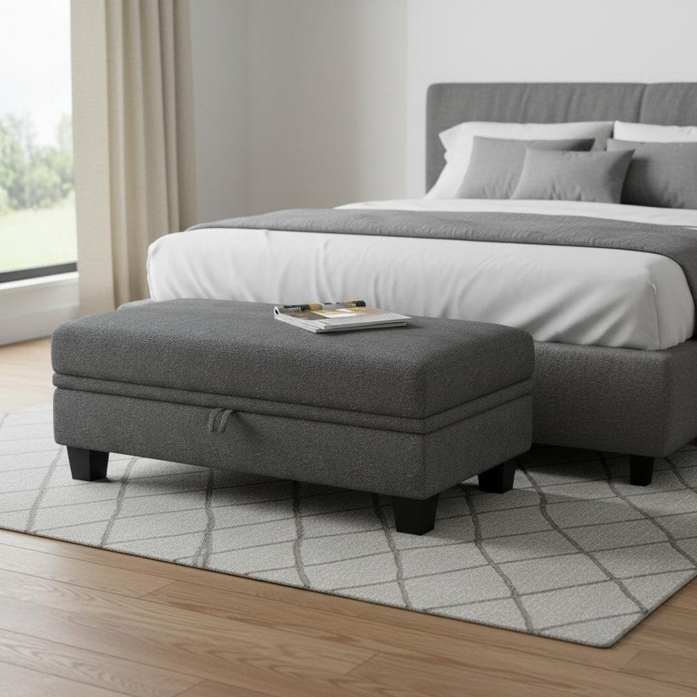 46" Beige and Black Chenille Storage Ottoman