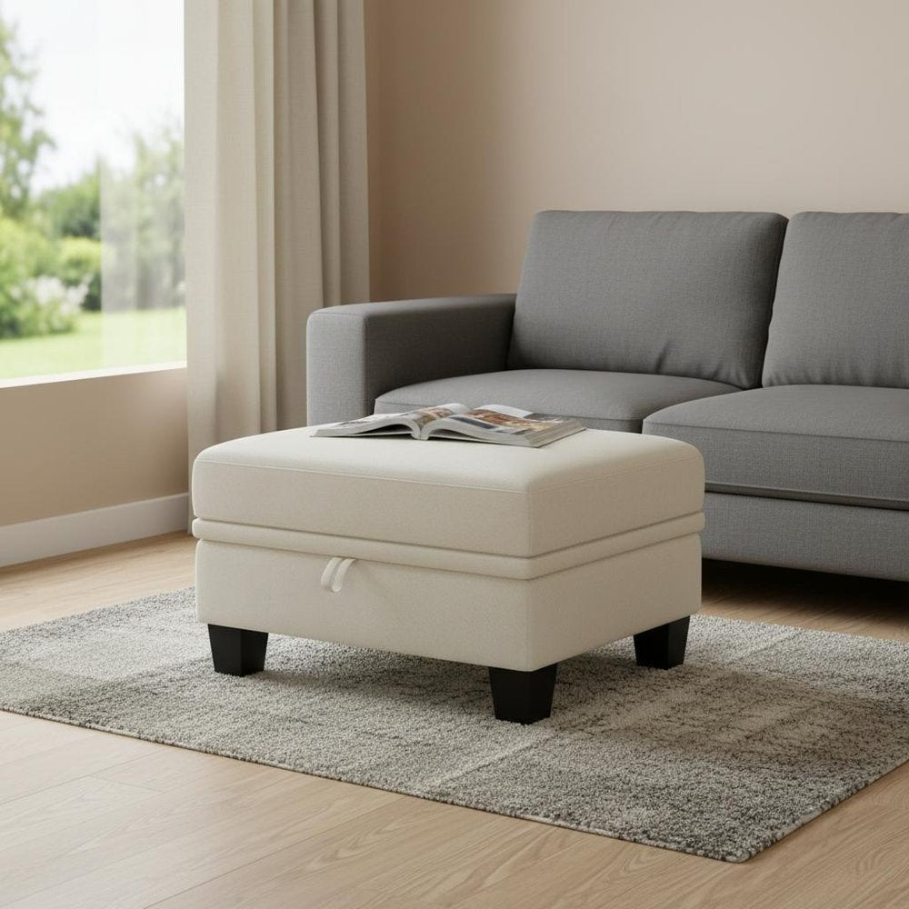 29" Beige and Black Chenille Storage Ottoman