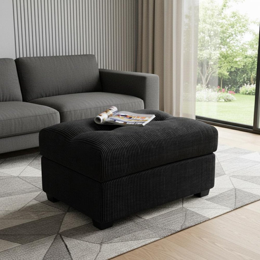 37" Black Corduroy Tufted Ottoman