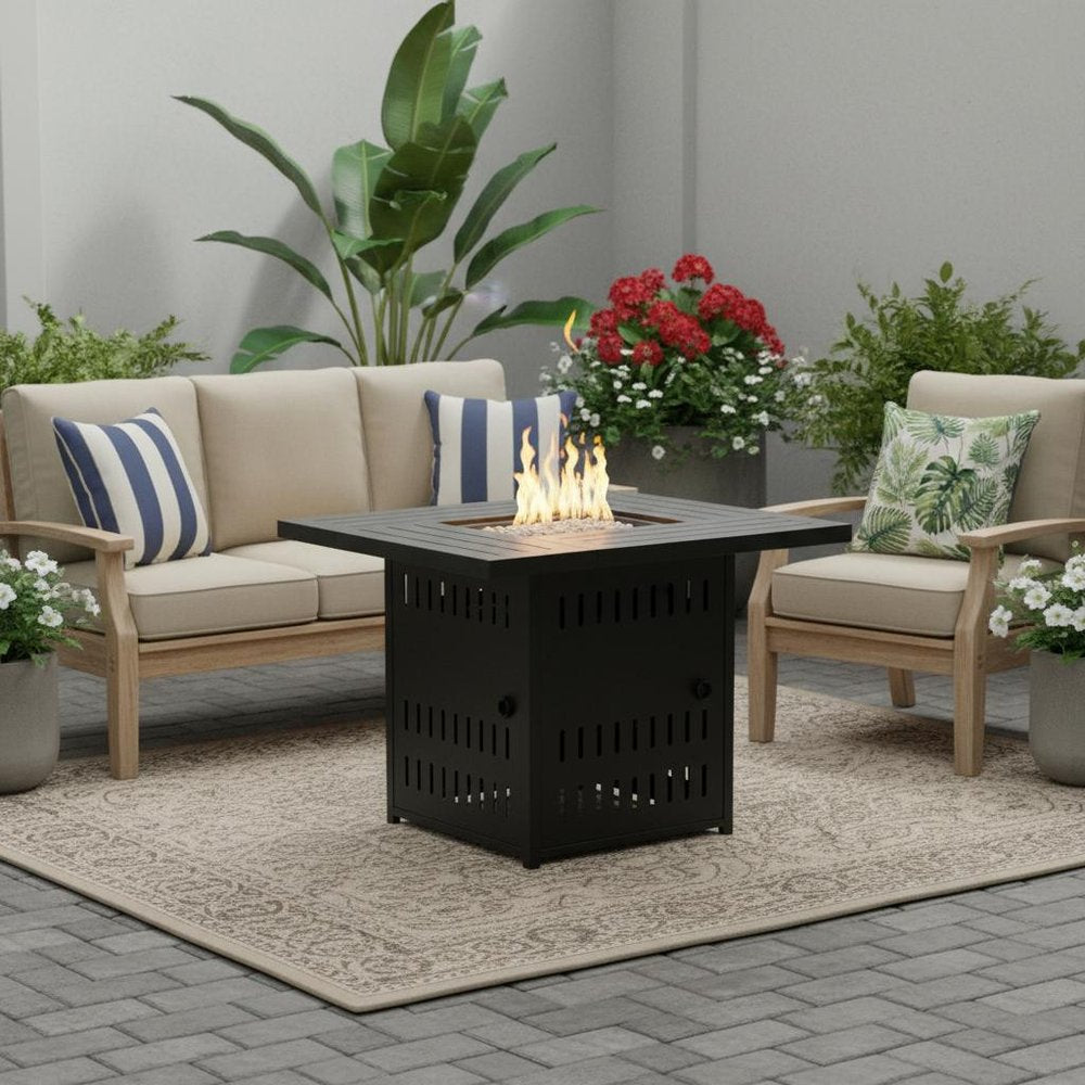 50000 BTU 34" Black Steel Propane Square Fire Pit With Cover