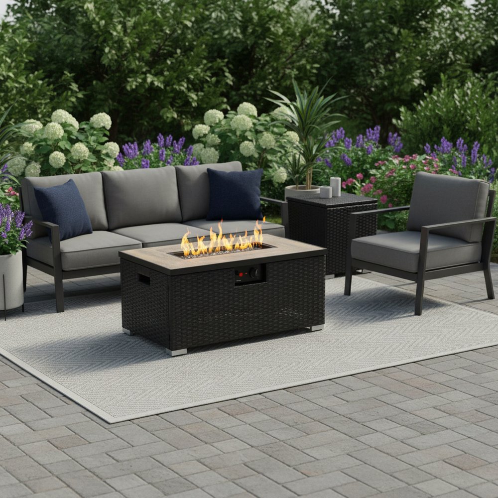 40000 BTU 32" Brown Wicker Propane Rectangular Fire Pit With Cover