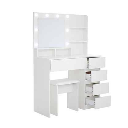 35" White Wood Five Drawer Vanity Table With Stool Mirror And Lights