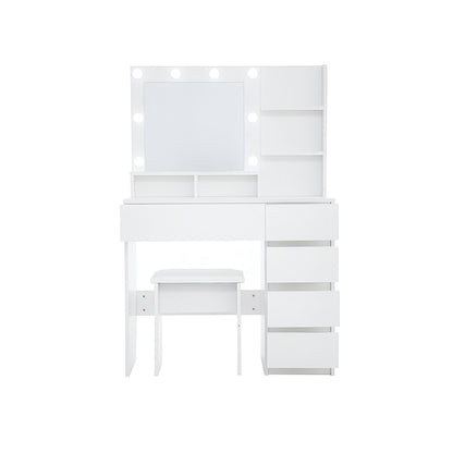 35" White Wood Five Drawer Vanity Table With Stool Mirror And Lights